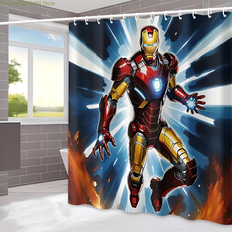 1pc Superhero Shower Curtain - Polyester, 12 Hooks Included, Vibrant Red & Golden Armor Design, Perfect for Bathroom, Home, Ho