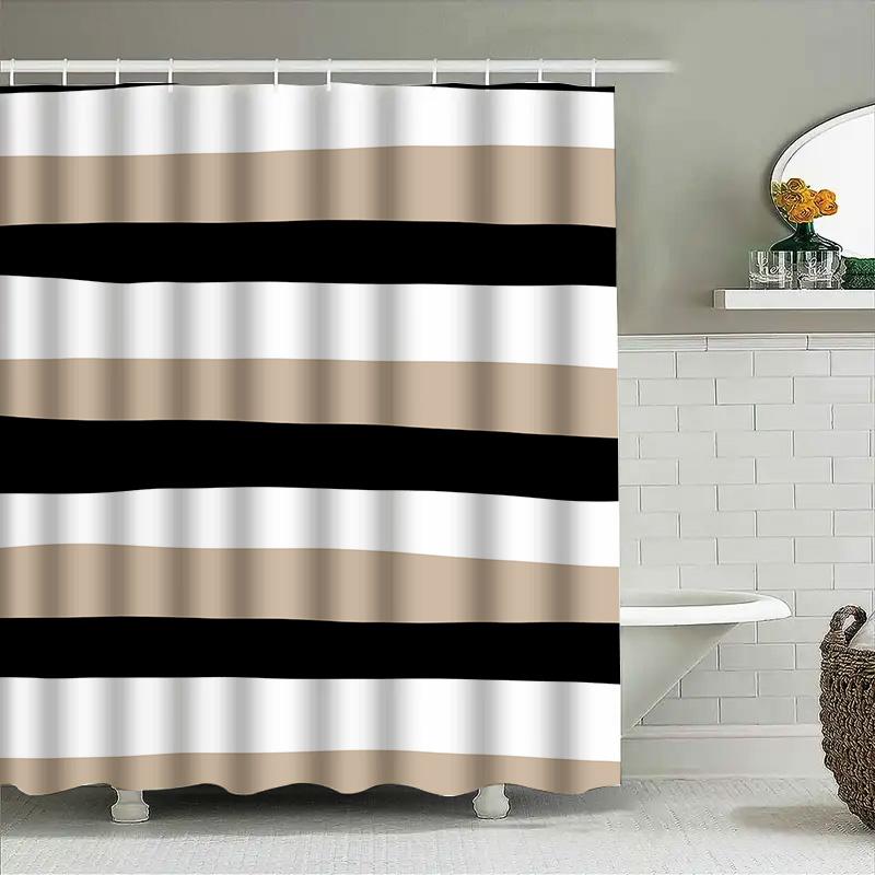 Striped Shower Curtain Modern Design with Black, White, and Beige Colors for Bathroom Decor Waterproof Fabric Shampoo Soap Dispe