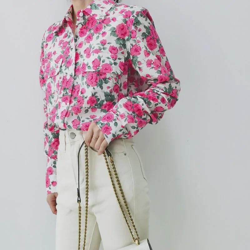 Retro Caroline Rose Print Cotton Long Sleeve Women's Shirt with Double Pockets