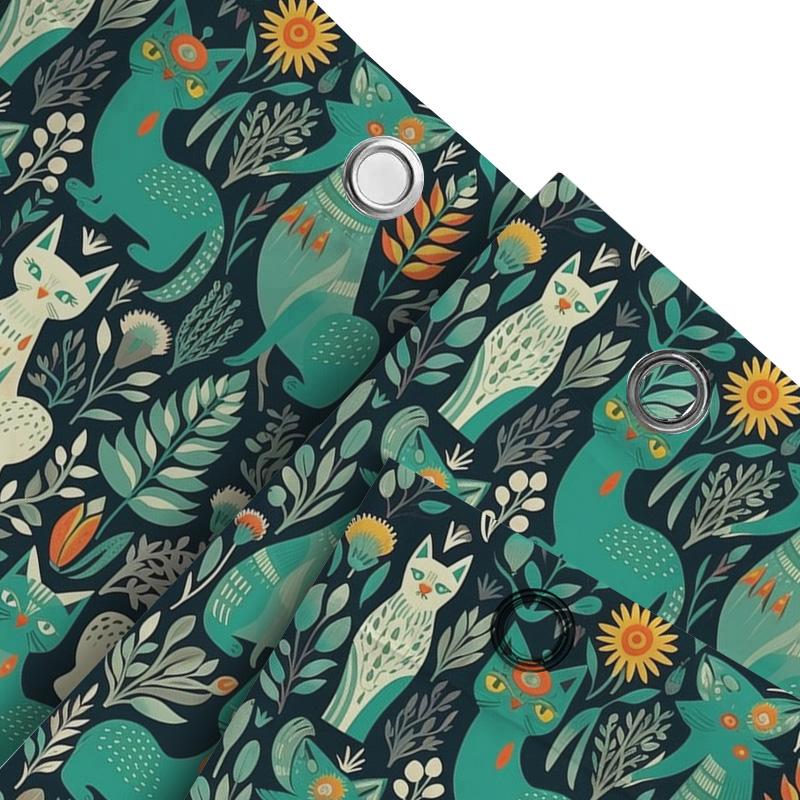 Colorful Cat Pattern Shower Curtain Blue, Green White Floral Design for Bathroom Decor Polyester Fabric Waterproof Bath Mat Set