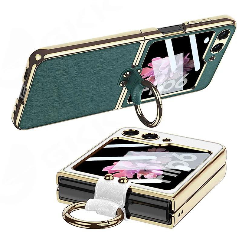 Luxury Plating Leather Shoulder Strap Case For Samsung Galaxy Z Flip 6 Screen Glass Ring Holder Cover For Galaxy Z Flip 5 Cases