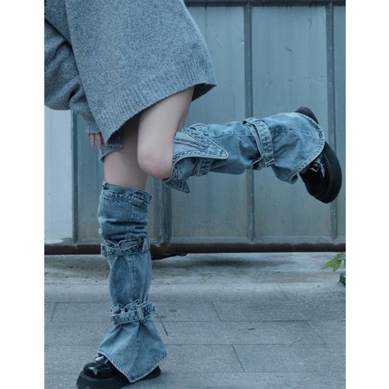 Womens Harajuku Punk Rock Denim Leg Warmer Socks Gothic Bandage Buckled Knee High Foot Cover Aesthetic Grunge Streetwear
