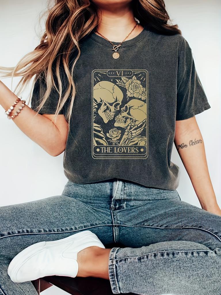 2026 Sommer Retro Damen Rose Totenkopf Print T-Shirt Unisex Baumwolle und Atmungsaktiv Kurzarm Übergröße Locker Lässig