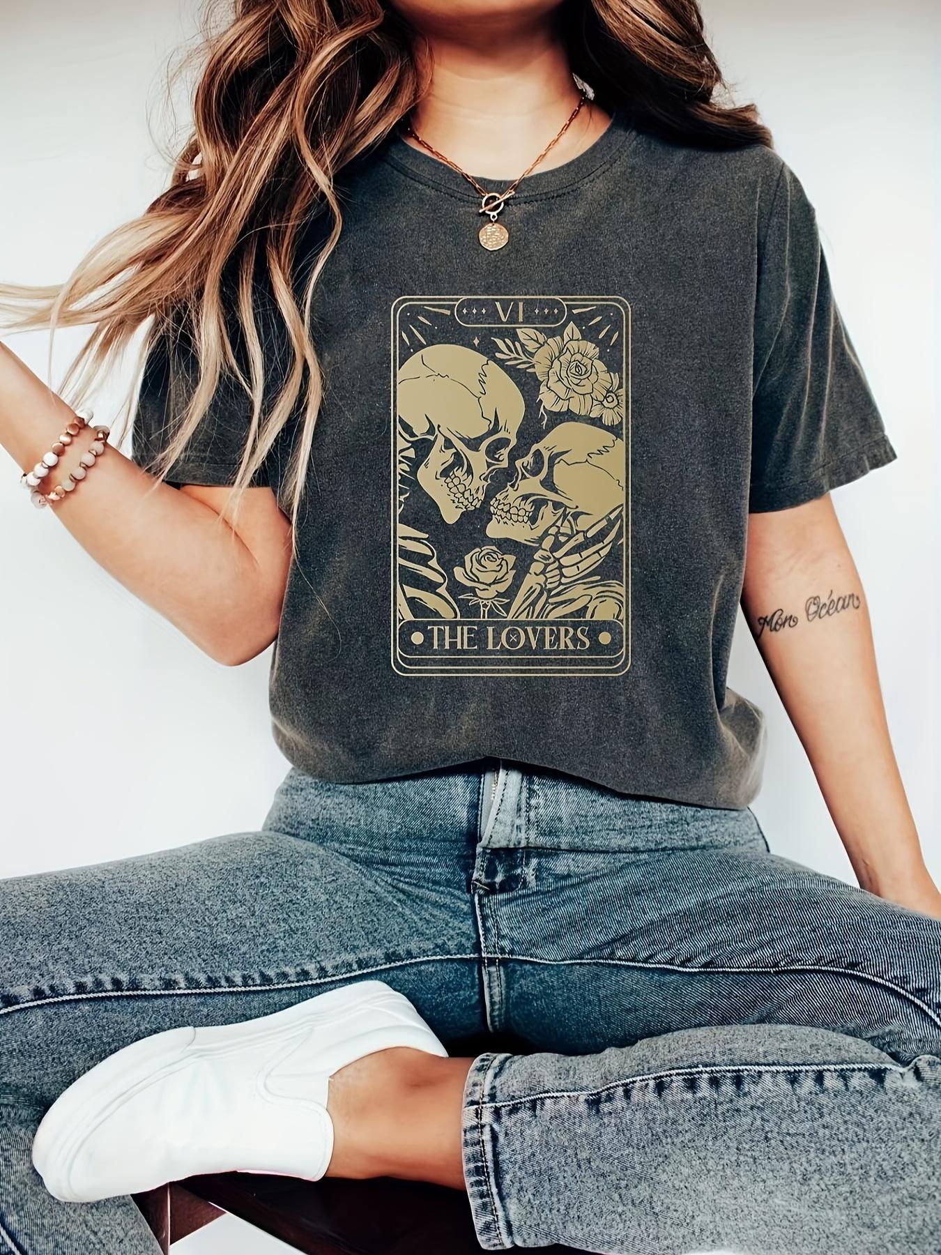 

2026 Summer Retro Womens Rose Skull Print TShirt Unisex Cotton and Breathable Short Sleeve Oversized Loose Casual S