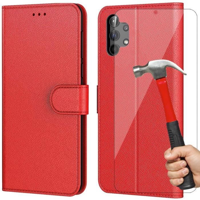 Coque avec Verres Trempés - Booling - pour Samsung A32 5G - Rouge - Effet Cuir - Anti Rayure