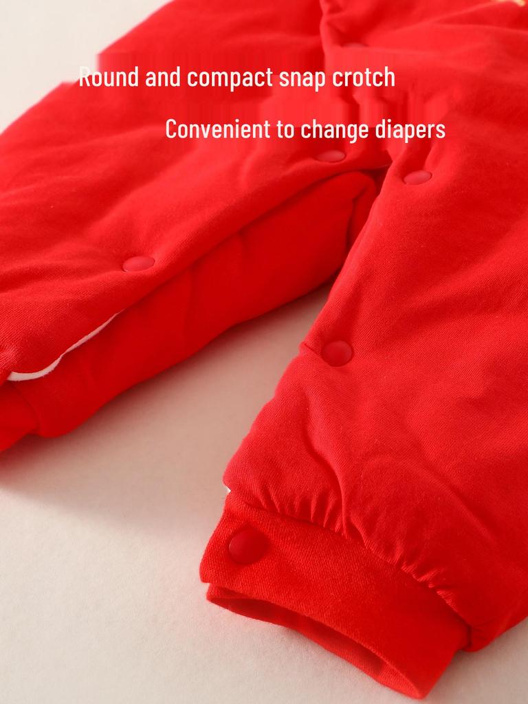 Newborn Red Cotton Onesie: Winter Warm Padded Jumpsuit for Autumn Crawling and New Year Celebrations.