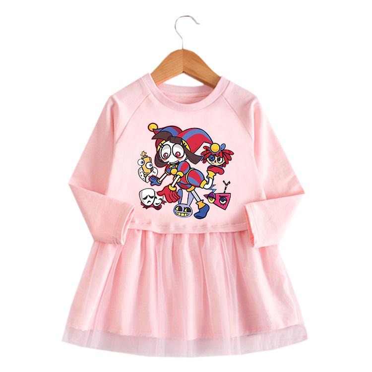 2026 Korean Style Girls' Cartoon Long Sleeve Mesh Princess Dress for Spring and Autumn