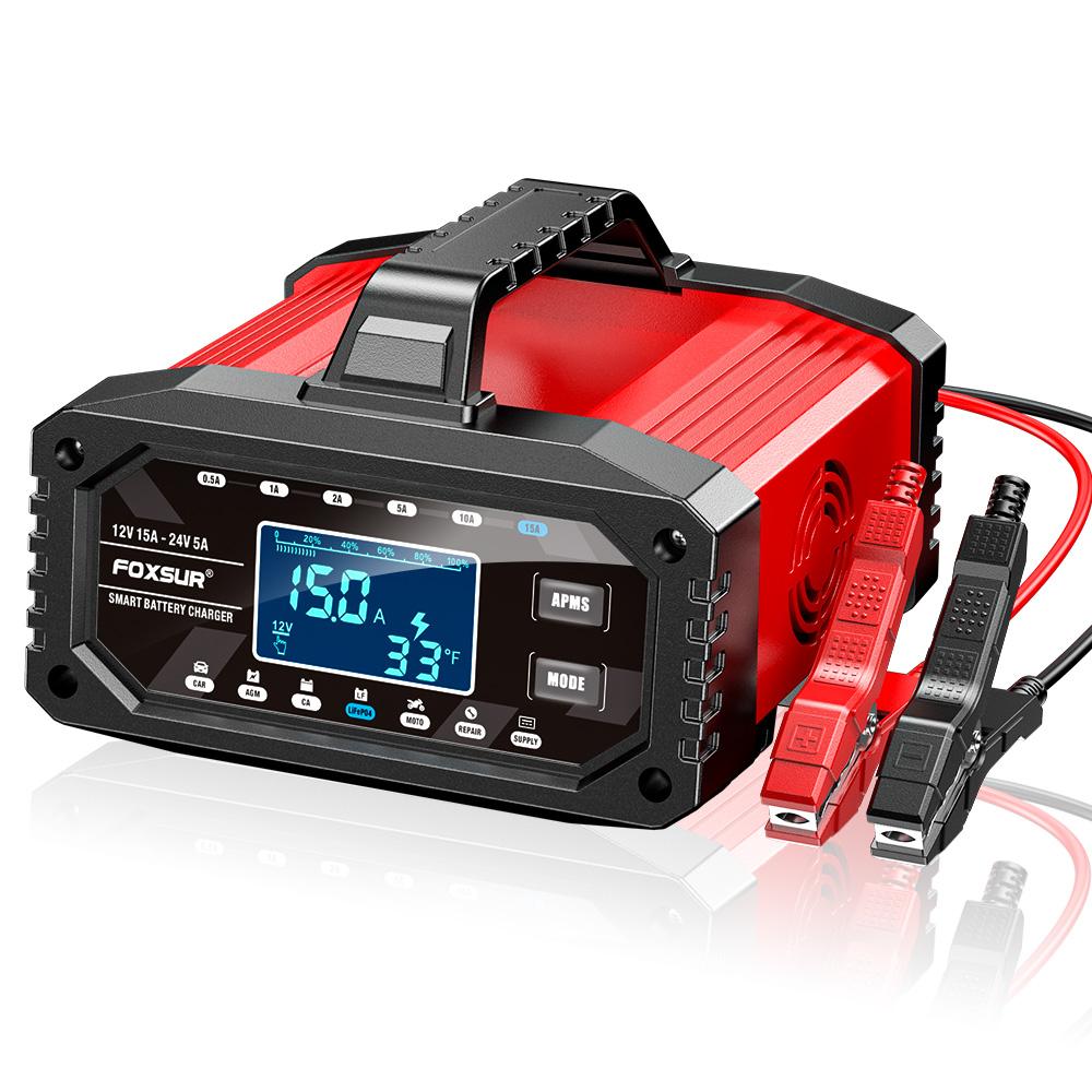 12/24V 15A Smart Battery Charger 10- Stage Charger Protect for LiFePo4 Wet Deep-Cycle Battery Usage