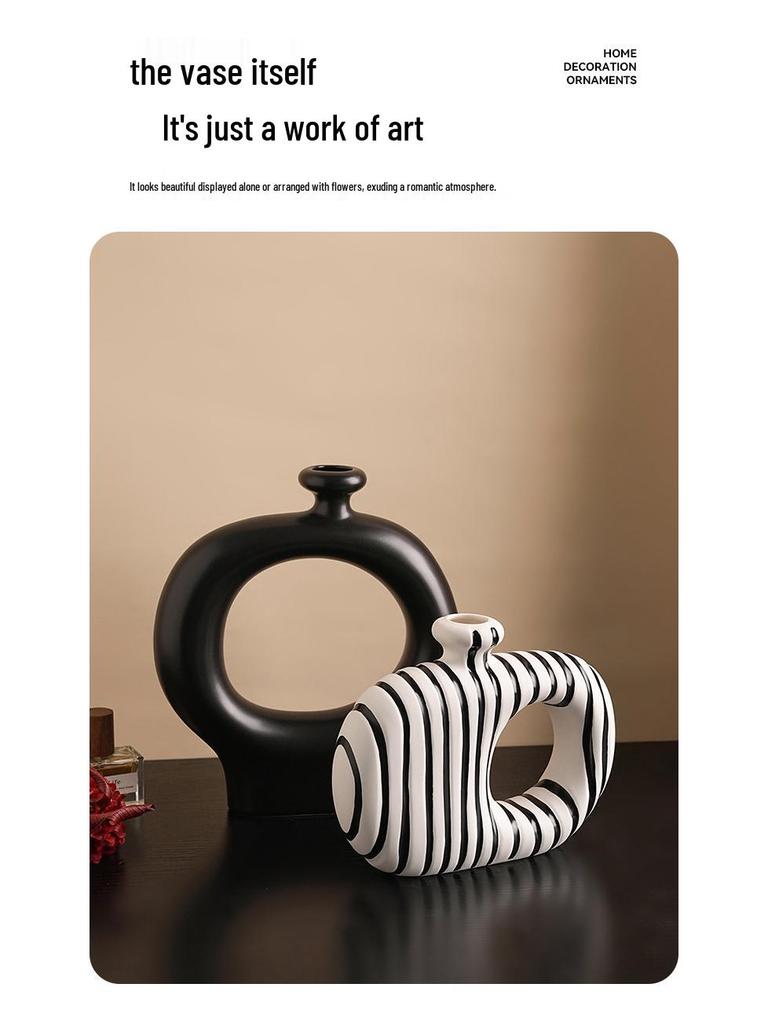 Elegant Wabi-Sabi Ceramic Vase with Black and White Stripes - Perfect for Living Room Decoration and Floral Arrangements