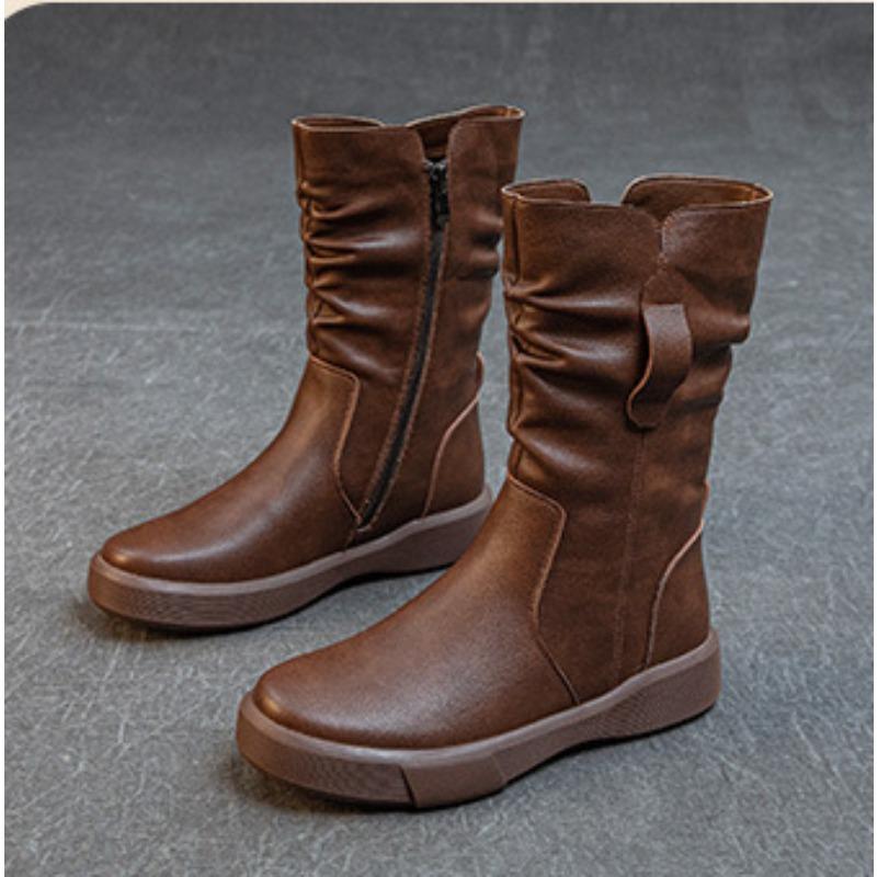 Simple Shoes Versatile Boots Women's Mid-calf Boots Breathable Chunk-heeled Thick-soled Boots