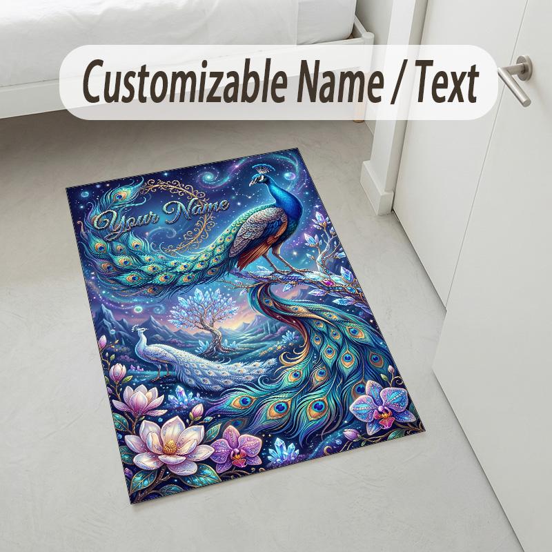 Peacock Theme Soft Crystal Velvet Rug Custom Name & Text Print Non Slip Floor Rug for Bedroom Living Room