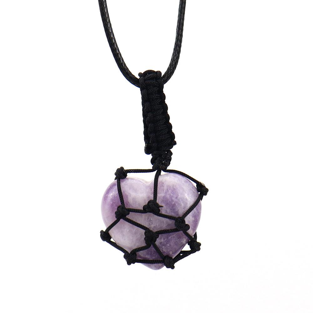 Natural Crystal Amethyst Heart-Shaped Love Hand-Woven Mesh Pocket Pendant Necklace N703