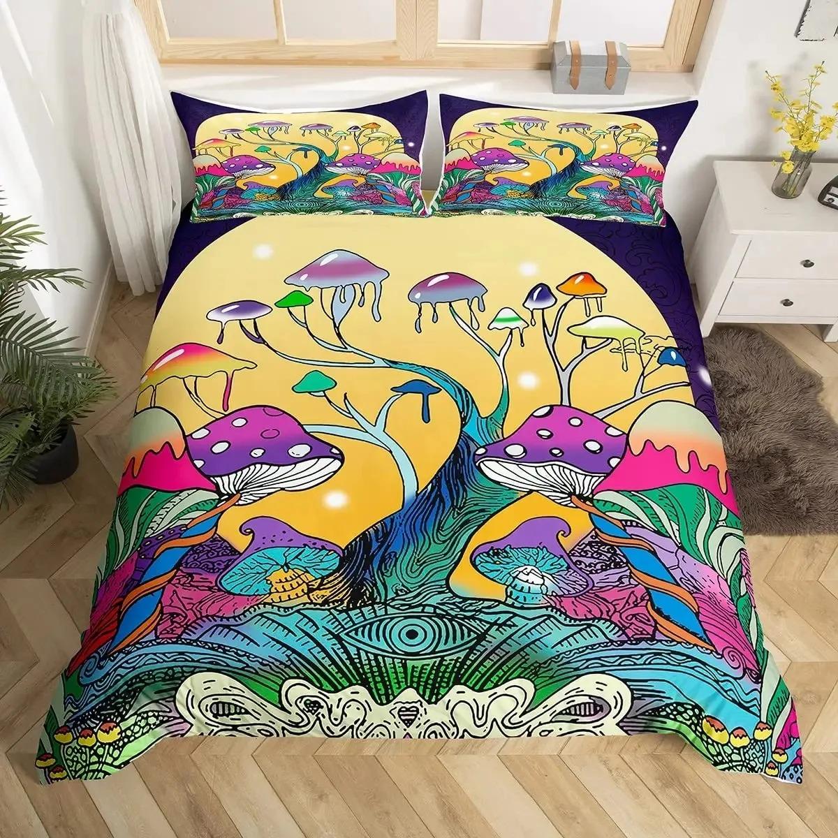 

Comforter Cute Mushroom Cartoon Mushrooms Comforter Wild Mushroom Bedding Set Wildflower Botanical Plant Comforter (quilt)-EU Single(135*200cm)3pcs