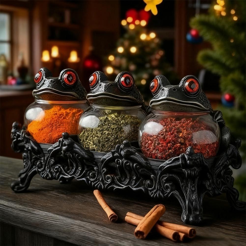 Handcrafted Witchy Frog Apothecary Spice Jars Clear Seasoning Jars 3 Piece Frog Spice Jar Set Spice Containers for Salt Pepper