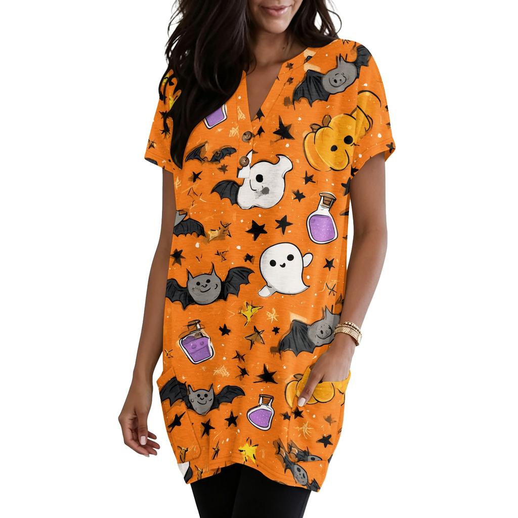 Women's V Neck Pullover Dress Halloween Print Short Sleeve Pocket Casual Loose Fit Tunic Dress