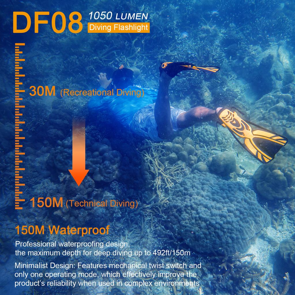 SecurityIng DF08 Scuba Diving Flashlight 1050LM Underwater 150m Deep Waterproof Torch Light with 9 Degree Beam Angle