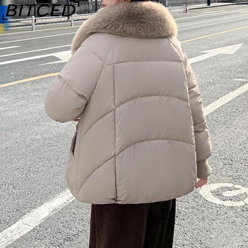 BITCED Women's Short Down-Filled Cotton Jacket with Oversized Fur Collar - Winter Fashion Coat