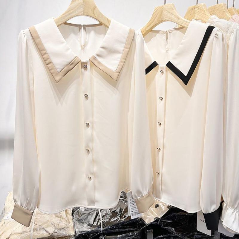 Spring Autumn Polo-neck Patchwork Elegant Fashion Blouse Women Long Sleeve Casual Buttons Cardigan Shirt Top