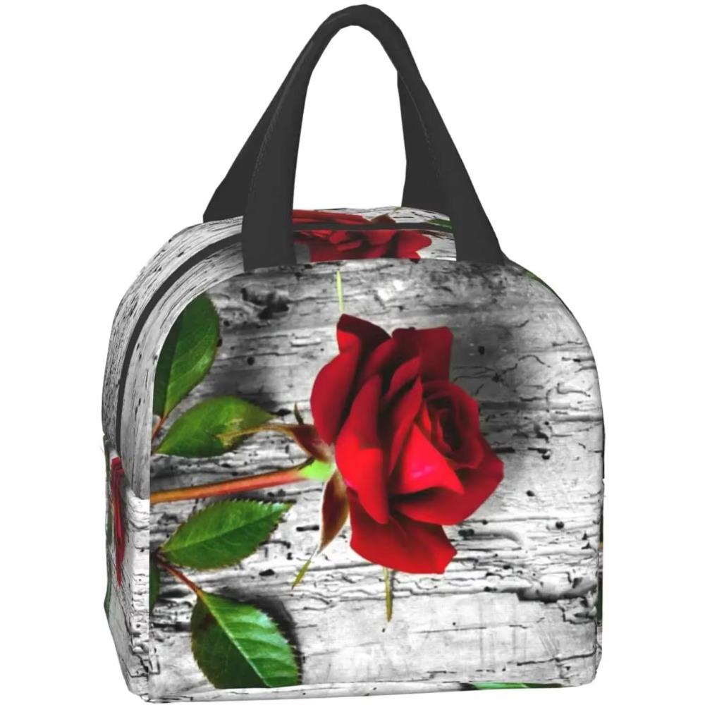 Red Rose Flowers On Gray Lunch Box Travel Bag Reusable Insulated Cooler Lunch Bags Girls Men Funny Picnic Tote Bag