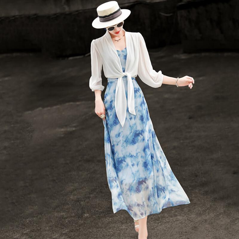 Tie-Dye Print Strappy Dress & Cardigan Set M
