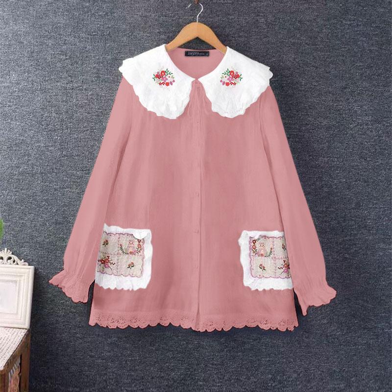 

ZANZEA Womens Doll Collar Casual Long Sleeve Patchwork Blouse XL рожевий
