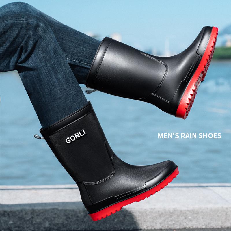 Men's Waterproof Rain Boots: Warm, Non-Slip, High-Top with Elastic Cuff, Ideal for Kitchen, Car Wash, and Fishing.