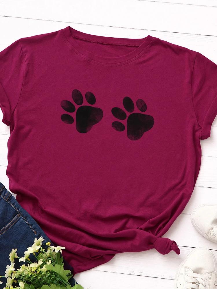 Damen T-Shirt mit doppeltem Hundepfotenabdruck, Kurzarm, Rundhalsausschnitt, locker, Damen-T-Shirt, Damen-T-Shirt, Oberteile, Kleidung, Camisetas Mujer