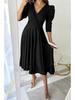 2024 Women's Solid Color Pleated Waist Three-quarter Sleeve Swing Dress