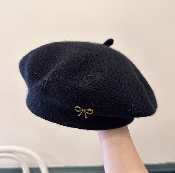 Autumn And Winter New Sweet And Versatile Style Retro Fashion Painter'S Hat Women'S Bow Rabbit Hair Knitted Beret