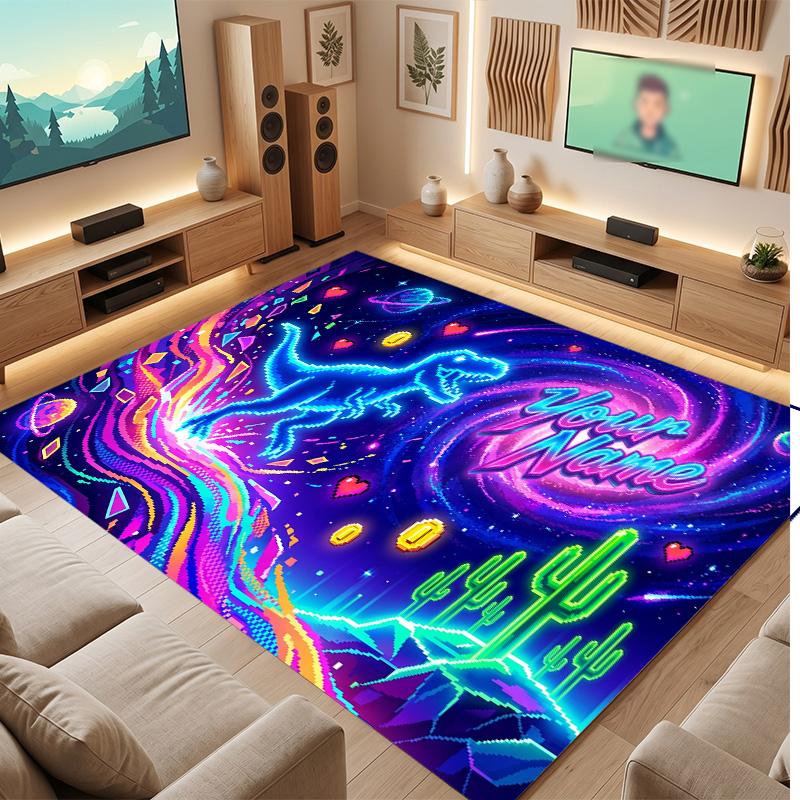 Dinosaur Theme Soft Crystal Velvet Rug Custom Name & Text Print Non Slip Floor Rug for Bedroom Living Room