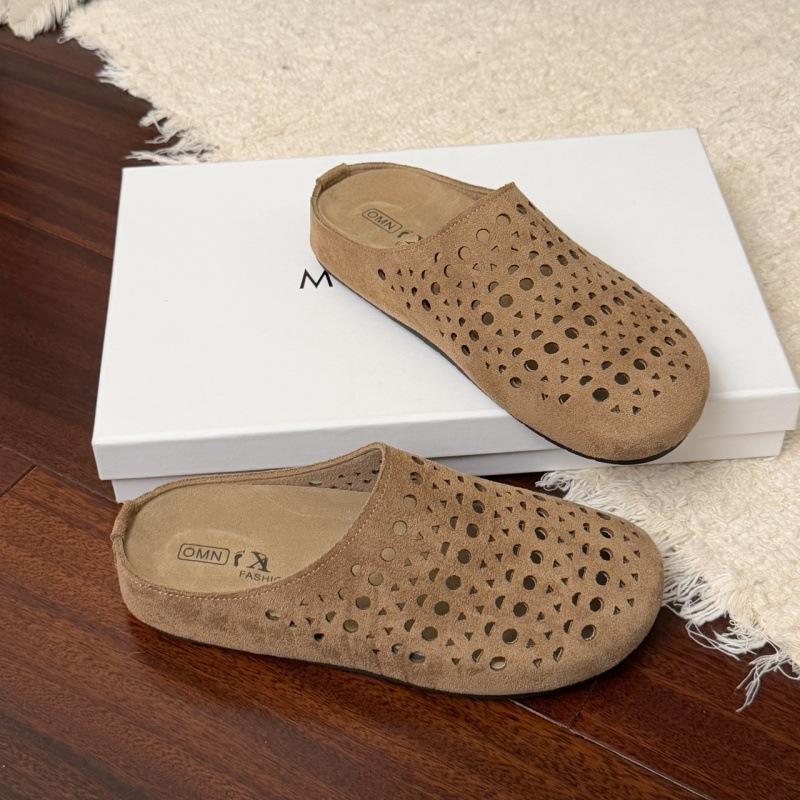 Women's Shoes 2025 Spring and Summer New Soft Leather Flat-bottomed Bag Head Half Slippers Women's Hole Lazy One-pedal Boken Shoes