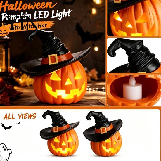 Haunted House Requisiten Halloween Kürbis Ornament mit Hexenhut, Harz Jack O Lantern Dekorative Lampe, Atmosphärische Raumaccessoires Gruseliges Gesicht Figur