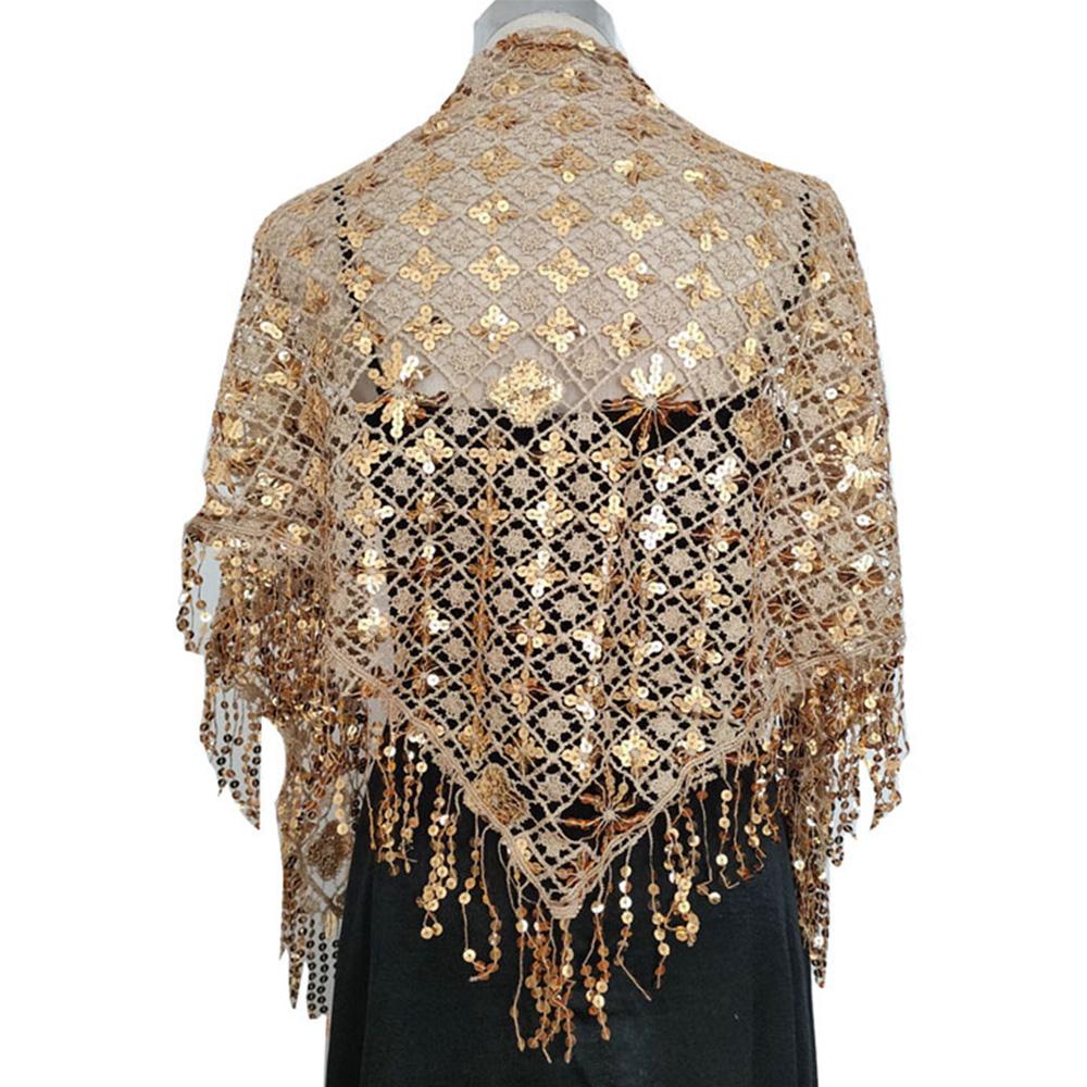 Hollow Triangle Sequin Lace Shawl Bridal Wedding Women Luxury Party Wrap Female Shiny Glitter Stole Club Scarf with Tassel