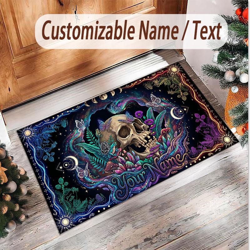Totenkopf Gothic Thema Weicher Kristall-Samt Teppich Benutzerdefinierter Name & Text Druck Rutschfester Boden Teppich für Schlafzimmer Wohnzimmer