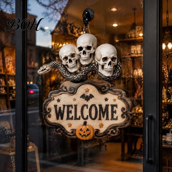 Creative Gift for Friends Halloween Wooden Welcome Sign, Spooky Skull Frog Crow Witch Door Hanger, Realistic Skeleton Sign 2D Wall Hanging Home Party