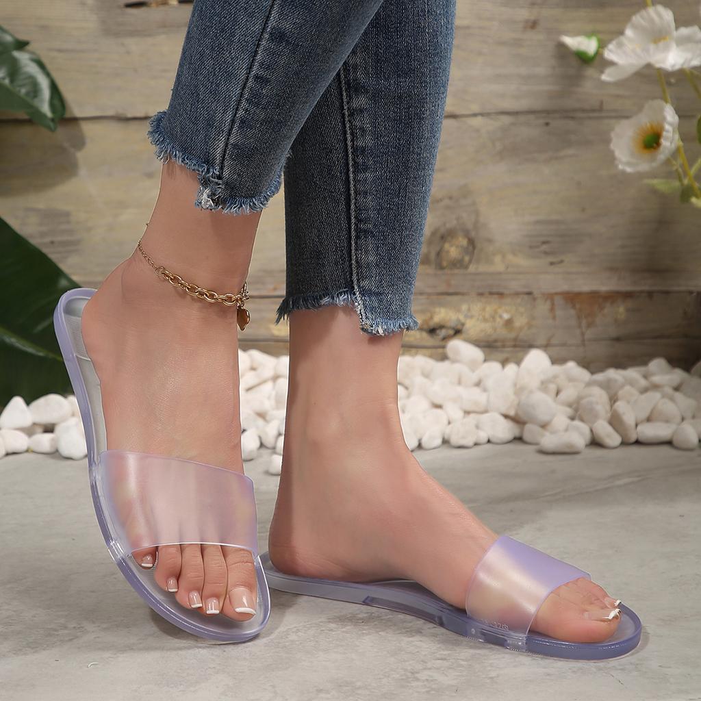 Fashion crystal transparent sandals female summer new jelly bottom beach one word drag outside wear seaside female sandals