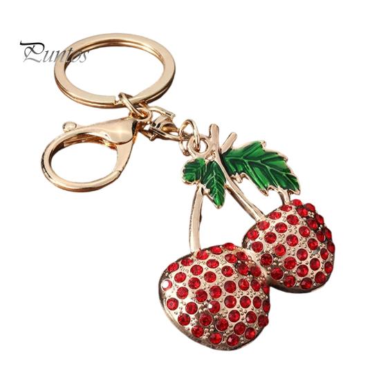 Decorative Cherry Keychain Double Rhinestone Keychain, Oil Dripping Green Leaf Fruit Compact Key Decor Car Ring, Accessories for Handbags Backpacks