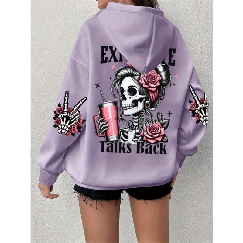 Popular Extended Hoodie with Long Sleeves Featuring a Skull And Letter Print, Casual Oversized Sweatshirt