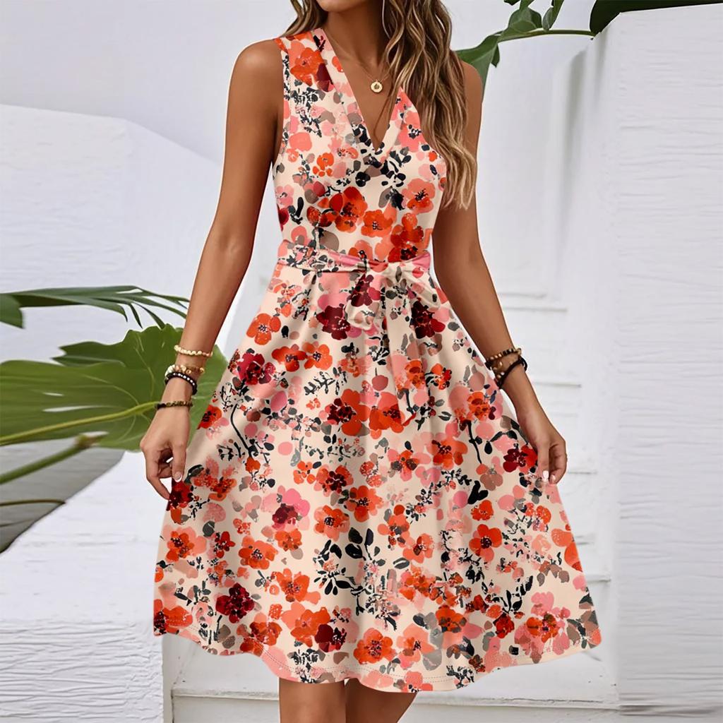 Damen Frühling und Sommer Casual V-Ausschnitt Ärmellose Taille Blumendruck Midikleid