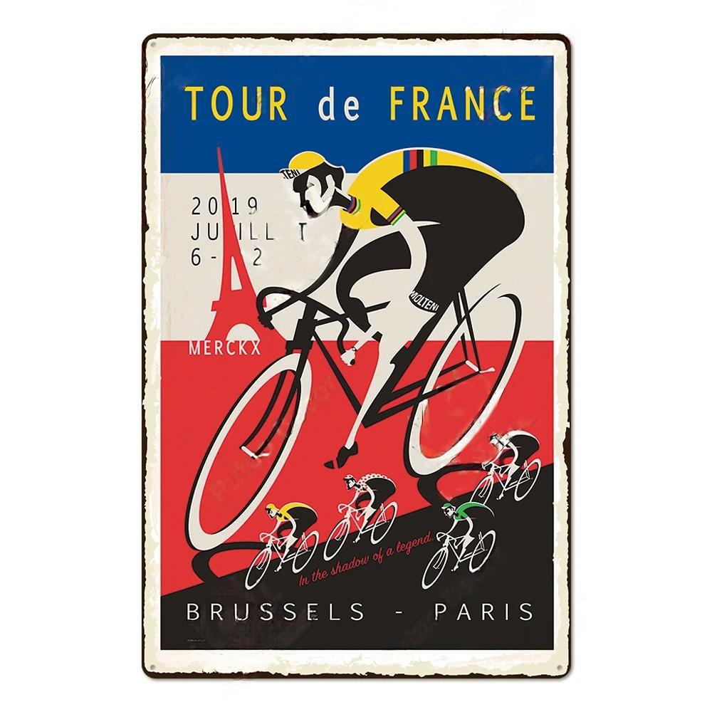 D Flat Metal Sign Vintage Cycling Sports Tin Sign Set Retro Bicycle Tour de France Racing Road Bike Wall Art Decor