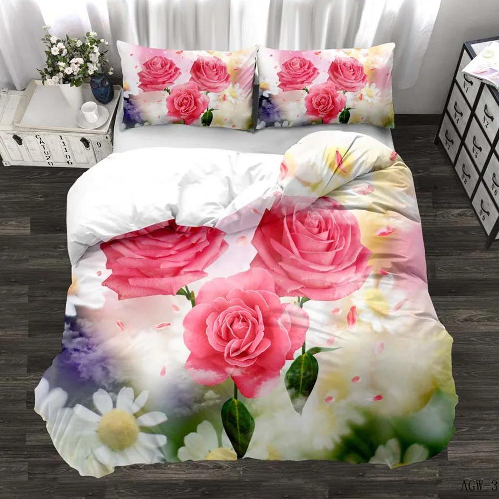 Rose Luxurious Pink Rose Pattern Bedding Set with Microfiber Material for Girls and Women