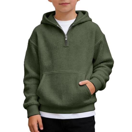 Waffel-Kapuzenpullover für Jungen, Viertelreißverschluss, Kapuzenpullover, Kinder, Langarm, Strickpullover, Oberteile mit Tasche für Teenager und Kinder, 3-14 Jahre