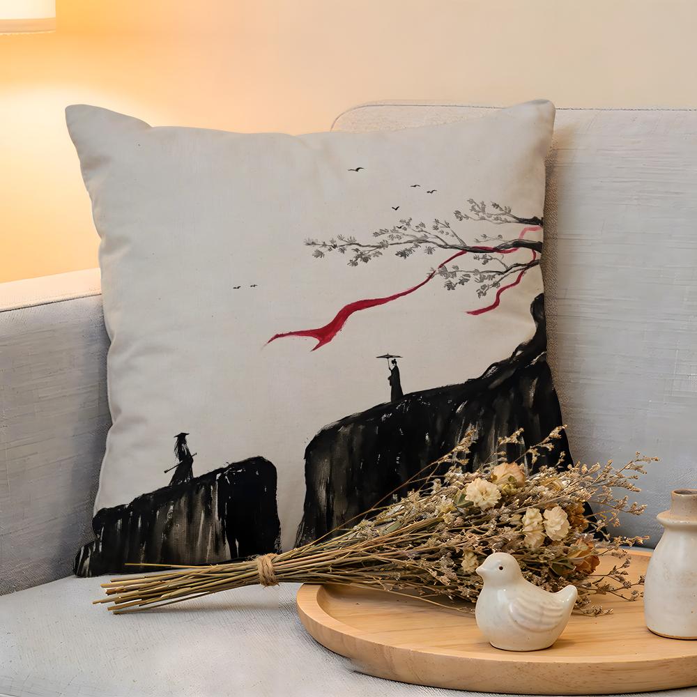 Federa Cuscino Lino Delicata sulla Pelle Morbida Custodia Decorativa per Divano Arredamento Casa Stile Pittura a Inchiostro Cinese Federa