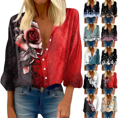 Women's Shirt Blouse Print Button Casual Vintage Fashion Crewneck 3/4 Sleeve Top