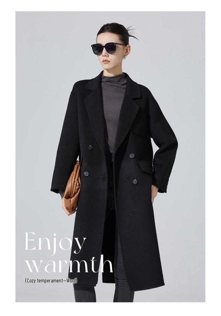 2024 Autumn/Winter Women's Mid-Length Double-Breasted Wool Coat - Versatile Solid Color Commuter Outerwear