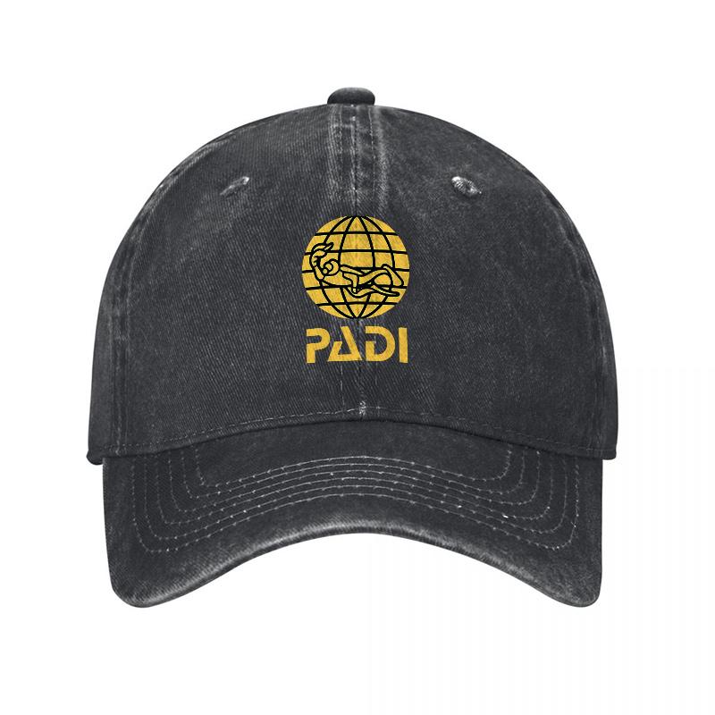 PADI Logo Embroidered Washed Canvas Baseball Cap Unisex Women Outdoor Adventure Hat Black Gold Design Comfortable Adjustable Fit