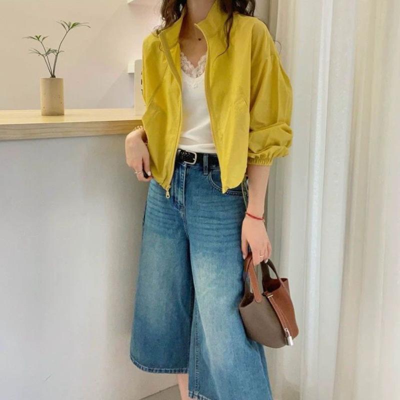 Women's Stand Collar Solid Color Long Sleeve Zip-Up Sun Protection Lightweight Casual Jacket