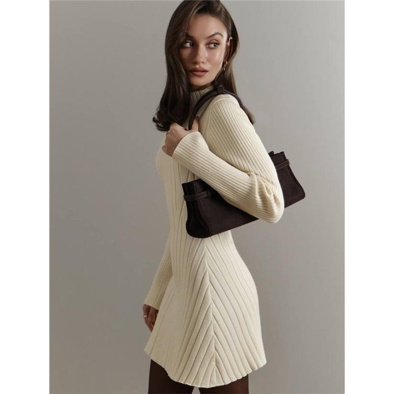 Pletené šaty s dlouhým rukávem a vysokým výstřihem, jarní, ležérní, áčková sukně, krátká sukně, evropský americký styl, hravé, módní dámské šaty