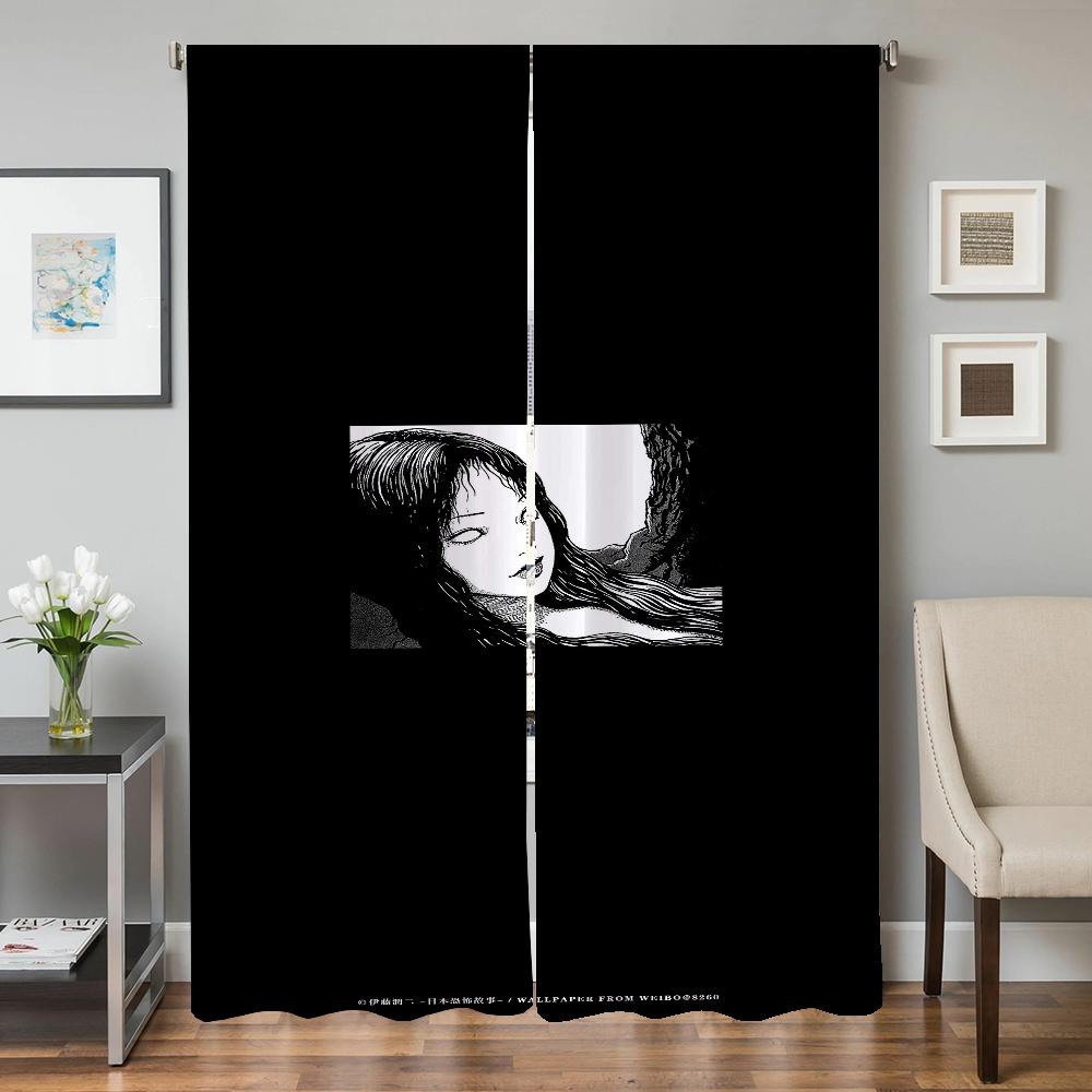 Home Interior Kitchen Curtains for Living Room 2 Pieces Blackout Curtains Door Curtain Junji Ito Bedroom Decoration Partition