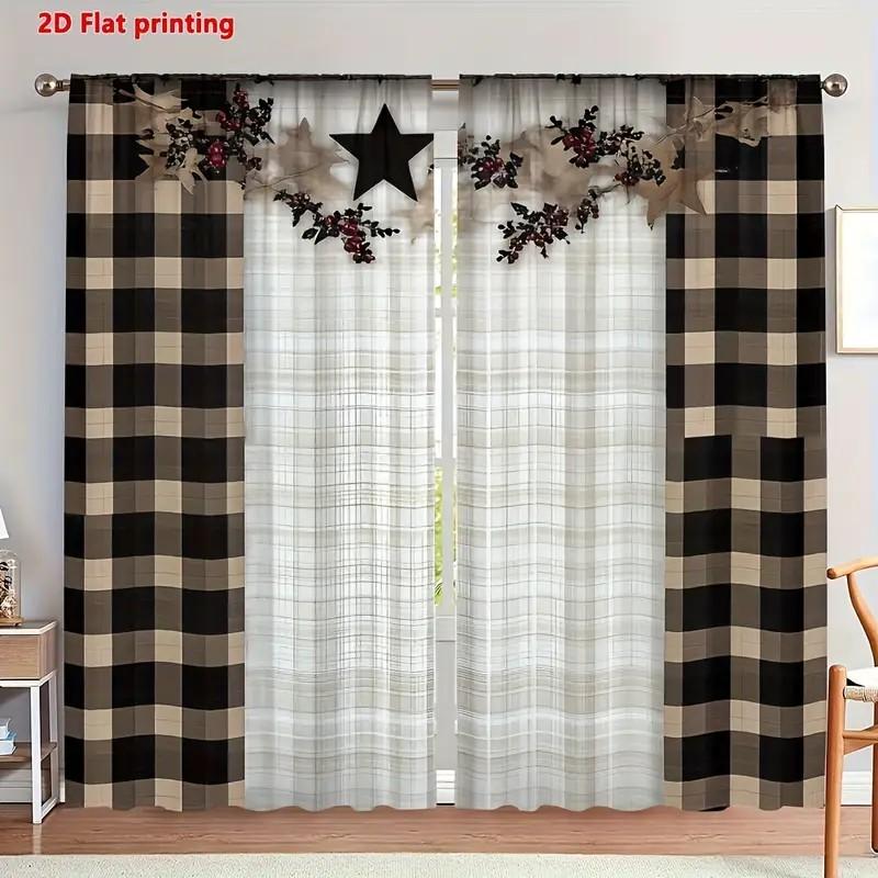 

2pcs Plaid Star Design Curtains Room Darkening Fabric Rod Pocket Curtain Christmas Window Decor Farmhouse Decor 100*130 HOOK 1pcs